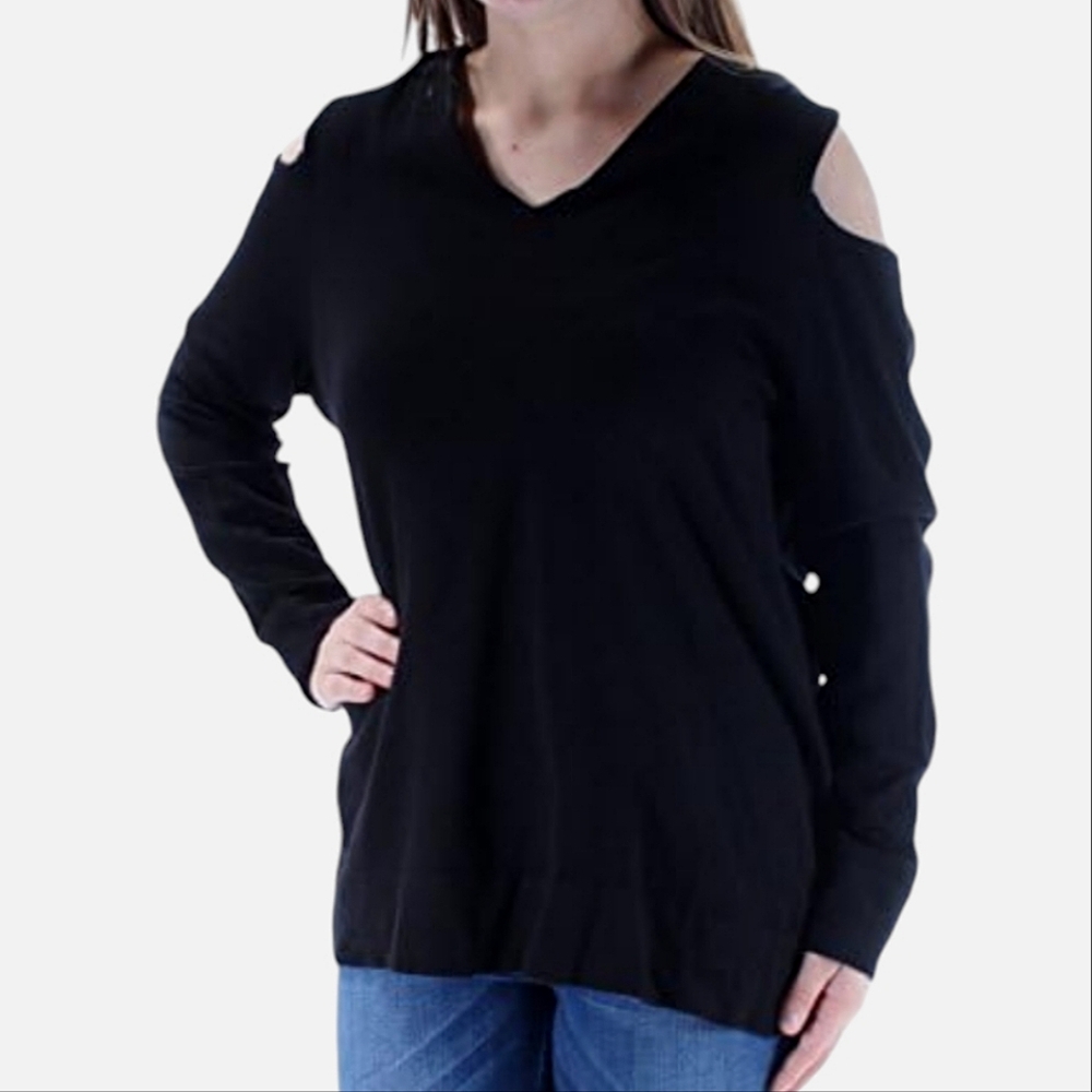 Belle. Women's Crew Neck Cold Shoulder Sweater. Black. Size 1X. NWOT.